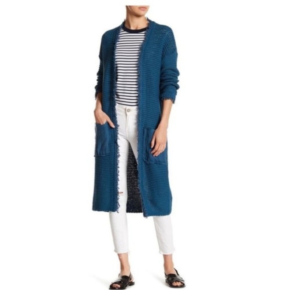 Free People Woodstock Cardigan Blue Open Knit Long Boho Slouchy Cozy Sweater